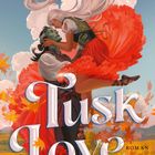 „Tusk Love“ Roman von Thea Guanzon. Illustration: Ein Grünhäutiger umarmt eine Frau, umgeben von Blättern.