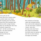 Links ein Junge mit Fahrrad, rechts ein Mädchen, das zu einem Welpen in einem Waldstück hinabschaut.