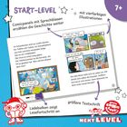 Comic über "Superhörnchen". Nelly parkt, verwandelt sich, rennt in Lagerhalle, sucht Professor. Geräusche: "Quietsch!", "Ka-Buum!".