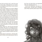 Eine Buchseite mit Dialogen und Gedanken. Unten eine Zeichnung eines Mädchens mit lockigem Haar und großen Augen.