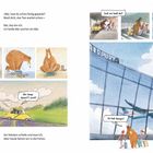 Ein Bär packt Bücher in einen Koffer. Er und Kinder fahren im Taxi zum Flughafen. Ein Flugzeug spiegelt sich im Gebäude.