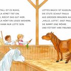 Text über einem Pferdestall mit zwei Kindern, einem Pferd und einer Katze auf Heuballen.