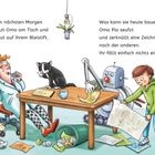 "Oma kaut Bleistift, Katze sitzt auf Tisch. Roboter, Junge mit Plänen. Papierchaos auf Boden. Pflanze, Lampe oben."