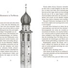 Links der Text „Willkommen in Torfheim“. Rechts eine Illustration eines Turms mit einer Kuppel und Kreuz oben.