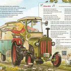 Texte: „Jetzt wird's Zeit, aufzubrechen...“ und „Ohne dich“. Illustration: Frau fährt Traktor mit Wohnwagen, Tiere schauen zu.