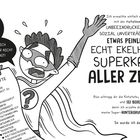 Eine Figur hält eine lange Liste mit „Superkräfte“. Texte betonen nutzlose Superkraft. Die Figur wirkt überrascht und gestresst.