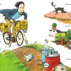 Text: „… und ihn vom Hof zu jagen. Jeden Tag ging Lieselotte auf die Suche nach einem neuen Versteck.“ 

Eine Illustration von Lieselotte, einer Kuh, die einen Postboten auf einem Fahrrad jagt und sich versteckt.