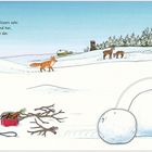 "Schnee leuchtet, Schneemann entsteht. Illustration: Füchse, Rehe, ein Dachs, Schlitten, Topf mit Essen und ein Schneemann."