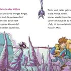 "Allein in der Höhle" Max und Lena haben Angst. Illustration zeigt sie in Höhle mit Stalagmiten und einer Fledermaus.