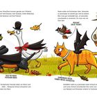 Text: Sechs wackere VampTiere nach Frühstück; Erschrecken üben; leckeres Erdbeerblut; Rübezahn. Illustration: Tiere in Vampirkleidung.