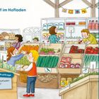 "Einkauf im Hofladen", "Profrifrage: Was ist im Hofladen ausverkauft?", "Such mal: Honig, Erdbeeren, Kirschen, Radieschen". 

Im Laden sind Kunden, Gemüse und Produkte.