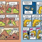 "Willkommen auf Plopalot", "Mampf Mampf", "Sektor 9", "Irgendwo im All", "Zwei Stunden später", "Arbeit", "Essen", "Duschen", "Schlafen". Comic mit bunten Kreaturen in verschiedenen Szenen.