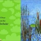 „Segelt Peter da auf dem See im Mondschein?“. Links grüne Wolken und Schilf, rechts Wasser und ein heller Mond.