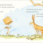 Zwei Hasen und eine Schachtel; ein Hase lacht, der andere sitzt unter Bäumen, Blätter fallen. Illustration.