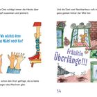 Links Text: "Wo wächst denn das Mädel noch hin?" Rechts: "Fräulein Überlänge!!!" Illustrationen mit Personen, Gebäude.