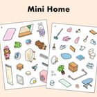 „Mini Home“ steht oben. Zwei Stickerbögen mit Haushaltsgegenständen, Spielzeug und Pflanzen in Zeichentrickoptik.