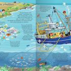 "Die Ozeane schützen. Unsere Ozeane sind 'krank', durchsetzt von Müll, Schadstoffen und Öl. Aber es ist noch nicht zu spät." 

Eine Illustration von Plastikmüll im Meer, Meeresforschung und Fischerei.