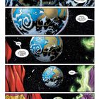 Illustration mit fünf Reihen: Oben Erde aus dem All. Dialoge: „Diese Perspektive ändert alles...“, „Nein...“. Zwei Figuren, rot und lila.