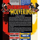 "DEADPOOL WOLVERINE", Text über ihre Herkunft und Zusammenarbeit. Credits: Benjamin Percy, Robert Gill, Guru-eFX. Comic-Stil.