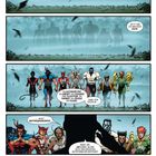 Comic-Seiten mit Sprechblasen; Superhelden-Team in einer Landschaft; Fokus auf Anführer mit gelber Brille.