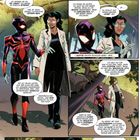 Ein parkähnlicher Weg. Links ein Superheld im violett-roten Anzug, rechts eine Frau im weißen Laborkittel mit Brille.