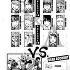 Texte: "Ziel: Die Akademie gegen 'K' und seine Gefolgsleute sichern", "Charaktere & Kampfgeschehen", "Klasse 1-A", "Klasse 1-B", "VS.", "Dead Account", "Nyagami", "Hochrangig". Illustration mit Charakterporträts und Actionpanel.