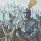 Ein Ritter in glänzender Rüstung auf einem gepanzerten Pferd; im Hintergrund eine große Burg und weitere Ritter mit Fahnen.