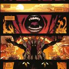 Eine düstere Comic-Szene mit roten Augen, einem Sonnenuntergang und bedrohlichen Gesichtern in Flammen.