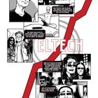 Comictafeln mit Texten über Elton Burns als Tech-Trickser und ein Diagramm. Erwähnt ELTECH und seine Entwicklung.