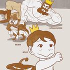 Die Illustration zeigt Figuren mit den Namen: „König Bosse“, „Bebin“, „Boji“, „Kage“. Ein Kind mit Krone ist im Vordergrund.