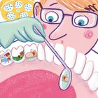 Illustration eines Zahnarztbesuchs mit Figuren auf Zähnen. Ein Gesicht mit Brille, Lupe, Lampe und Zahnarzthandschuh.