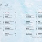 Inhalt: Einteilung in Wasser, Feuer, Luft, Erde. Unterkategorien mit Cocktailnamen und Seitenzahlen.