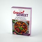 "Genial gemixt", 55 Rezeptkarten für den Thermomix. Ein farbenfrohes Gemüsemix-Foto auf der Verpackung. Riva Logo.