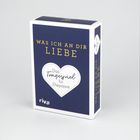 "WAS ICH AN DIR LIEBE" steht oben. Darunter: "Das Fragespiel für Ehepaare" in einem Herz. Box mit weißem Rand.
