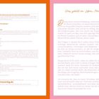 Links sind Details zur Publikation mit Kontaktinfos und Copyright-Hinweisen. Rechts: "Was zählt im Leben, Mama?" mit einladendem, emotionalem Text.
