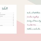 Zwei Inhaltsseiten: Links mit Einleitung, Zutaten, Danksagung; Rechts mit Rezepttiteln wie "Kuchen und Köstlichkeiten". Hintergrund in Rosa und Weiß.