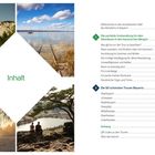 Inhalt mit Bildern von Landschaften: Waldweg, See mit Boot, Sonnenuntergang, Paar blickt auf Fluss von Klippe. Wanderbuch.