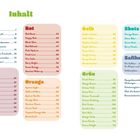 Inhalt: Kategorien, sortiert nach Farbe, mit Seitennummern für Getränke und Saftkuren. Farben: Lila, Rot, Orange, Gelb, Grün, Shots, Saftkur.