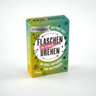 "Flaschendrehen für Teenager", "60 coole Aufgaben und Mutproben", gelb-grüne Box mit dekorativen Symbolen und leichtem Vintage-Look.