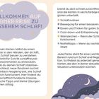 "Willkommen auf deiner Reise zu besserem Schlaf!" Text in lila Wolke. Darunter Infos zu Schlafkategorien und Karten.