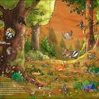 "Es wird Abend im Wimmelwald", Tiere und Zwerge sind lebendig. Waldszene mit tierischen und magischen Bewohnern.