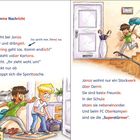 Zwei Jungen eilen mit Sporttaschen die Treppe hinunter. Kartons sind im Flur verteilt. Ein Treppenhaus ist sichtbar.