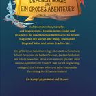 „DRACHEN, MAGIE UND EIN GROSSES ABENTEUER!“ Zwei bunte Drachen, einer links, einer rechts, umrahmen den Text.
