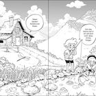 Zwei Kinder sind an einem Bach, während jemand aus einem Hausfenster sie zum Essen ruft. Eine Libelle fliegt vorbei.