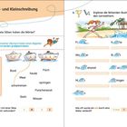 1. Groß- und Kleinschreibung. LERNWÖRTER: der Fisch, heute, das Wasser. Ergänze die fehlenden Buchstaben. Illustration: Spielende Kinder.