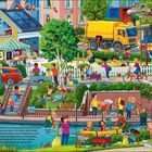 Im Vordergrund steht: "Heute veranstaltet der Kindergarten Sonnenblume eine große Müllsammel-Aktion." Fröhliche Szene mit spielenden Kindern und Erwachsenen, die Umweltpflege betreiben.