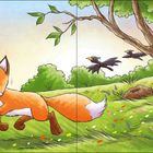 Ein Fuchs tollt auf einer Blumenwiese, während eine Abendbrise weht. Bunte Blumen und Vögel im Hintergrund.