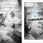 Links Figuren im Gespräch über Langeweile und Explosionen. Rechts eine Explosion mit "KAWUMM!" in einem Wald.