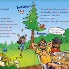 „Abenteuer im Wald“; Kinder und Erwachsener im Garten, Tiere und Pflanzen; Mädchen freut sich, Junge ist gelangweilt.