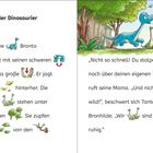 Textseite aus einem Kinderbuch über Dinosaurier: Bronto trampelt, jagt hinterher. Mama ruft: „Nicht so schnell!" Illustrationen: Bäume, Dinosaurier, Blätter.